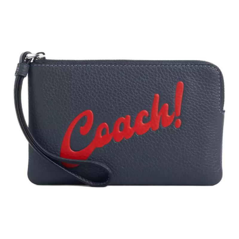 Coach Угловая молния 16 Букв Логотип Графика Верхняя молния Изысканная зернистая кожа Клатч Маленький Женский Серебряная нашивка Деним
