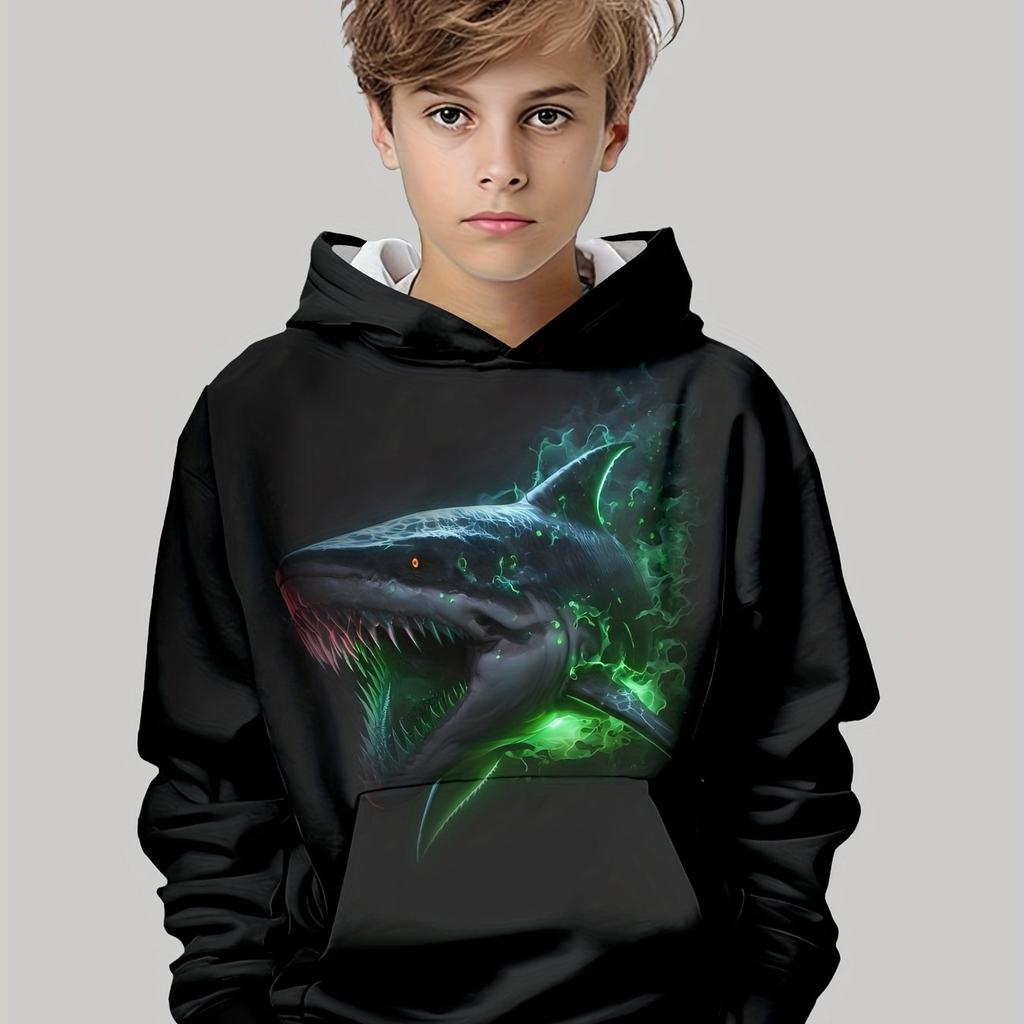 Детская одежда Толстовки с капюшоном для мальчиков с длинным рукавом и принтом акулы 3D Детская одежда на весну и осень Повседневная уличная одежда для девочек Топы