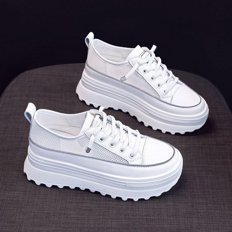 Platform White Shoes Women's Summer New Mesh Breathable Versatile Low-Tops Casual Height Increasing Insole Lace-up Shoes