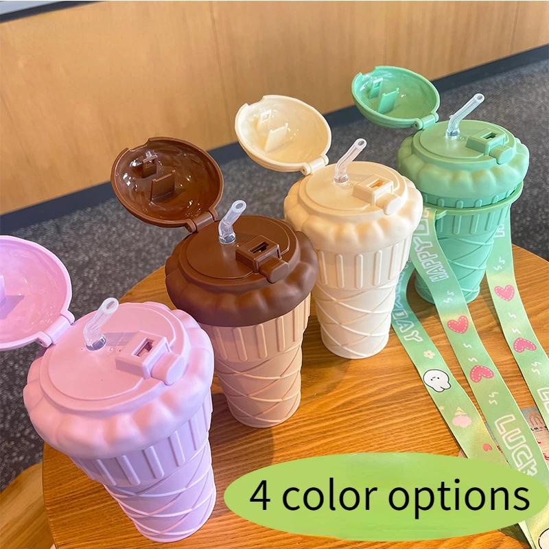 500ML Ice Cream Shape Drinking Water Bottle Drinking Straws Plastic for Adult Kids Cute Water Cup with Straw Rope Drinking Jug