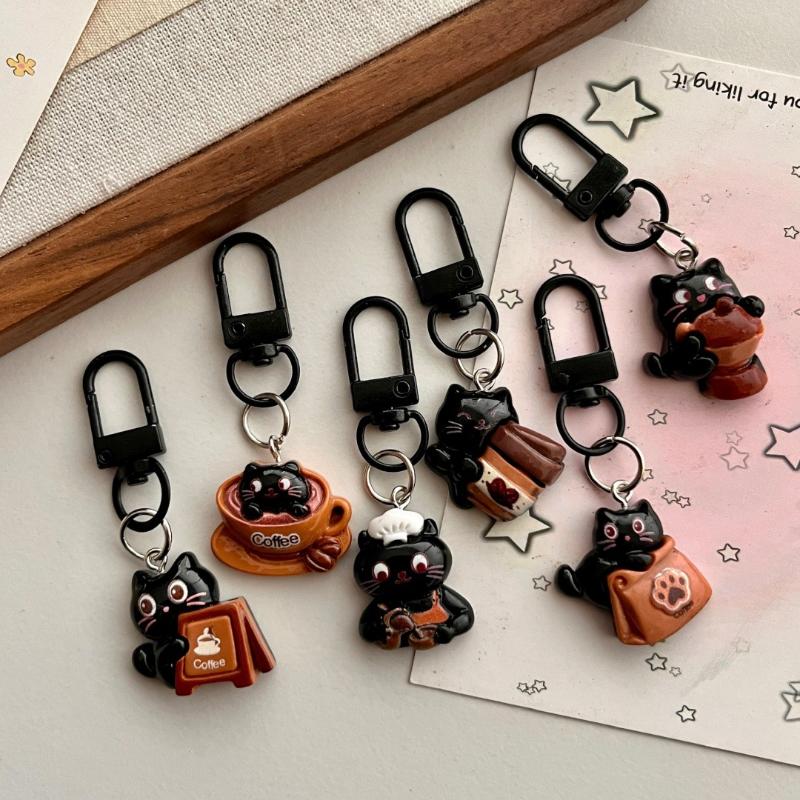 6Pcs Lovely Chocolate Coffee Bag Charm Pendant Couples Backpack Purse Decoration Cartoon Black Cat Keychain For Women Gift