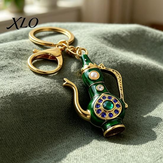 Alloy Key Holder Retro Teapot Keychain with Rhinestones, Ethnic Style Pitcher Vintage Pot Ring, Decorative Pendant for Handbags Backpacks Car