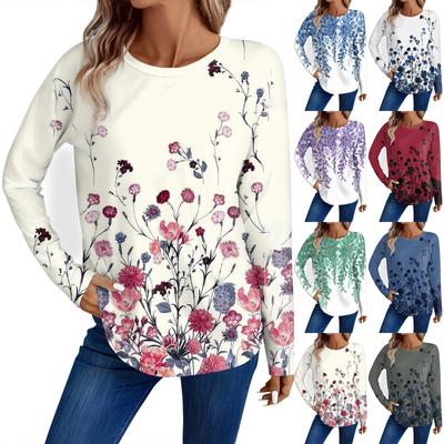 Женская мода повседневный топ с длинным рукавом с цветочным принтом и круглым вырезом