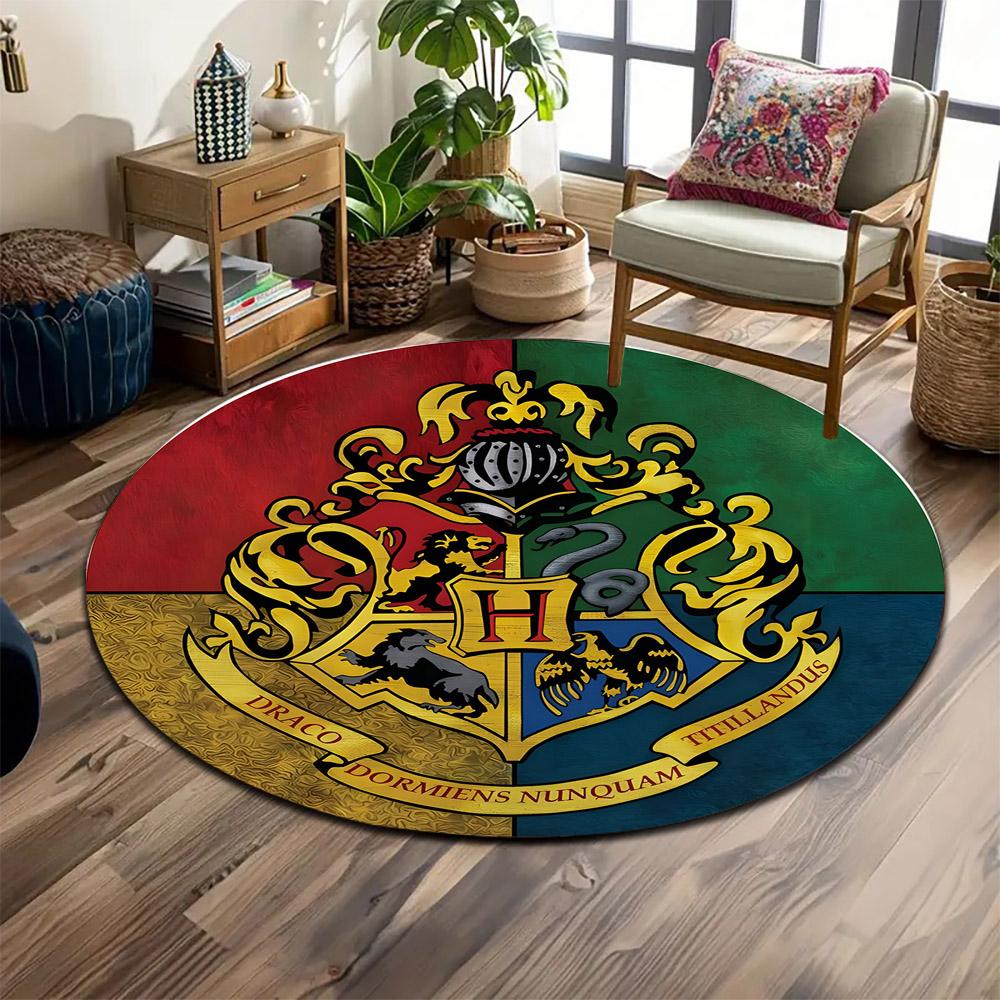 Hogwarts House Crest Circular Design Print round rug, living room, bedroom, playroom carpet, non slip floor mat, gift