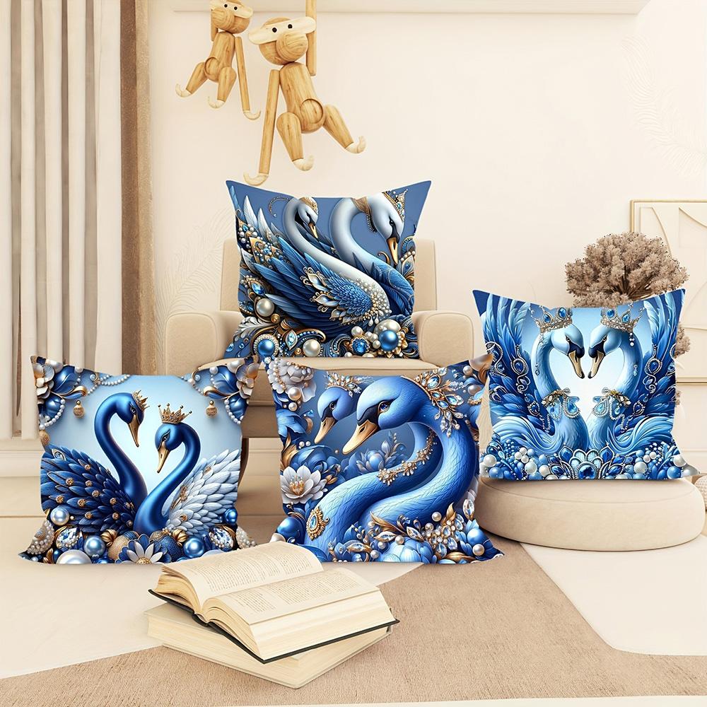 Exquisite Blue Swans Adorned with Jewels Pillowcases for Luxurious Comfort Sofa Cushion Cover Home Room Decoration