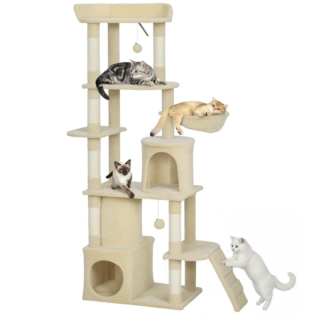 170 Cm Large Cat Tree Cat Tower With 7 Scratching Posts Tunnel 2 Condos Hammock Perch Ramp Pompoms Beige