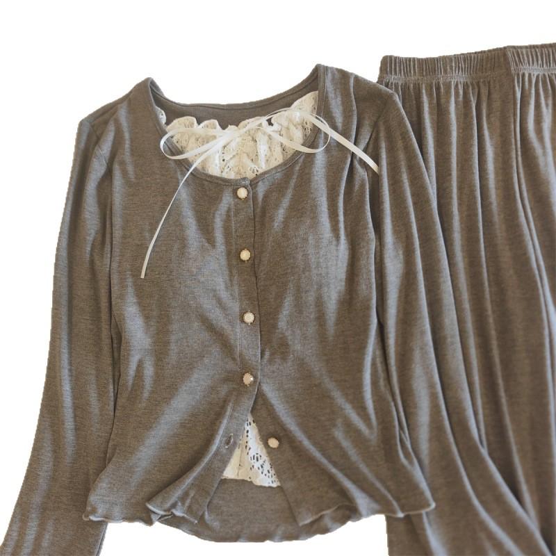 Женский пижамный комплект Chunqiu из модального вискозного волокна с кружевом и нагрудными вкладышами - с длинным рукавом и брюками