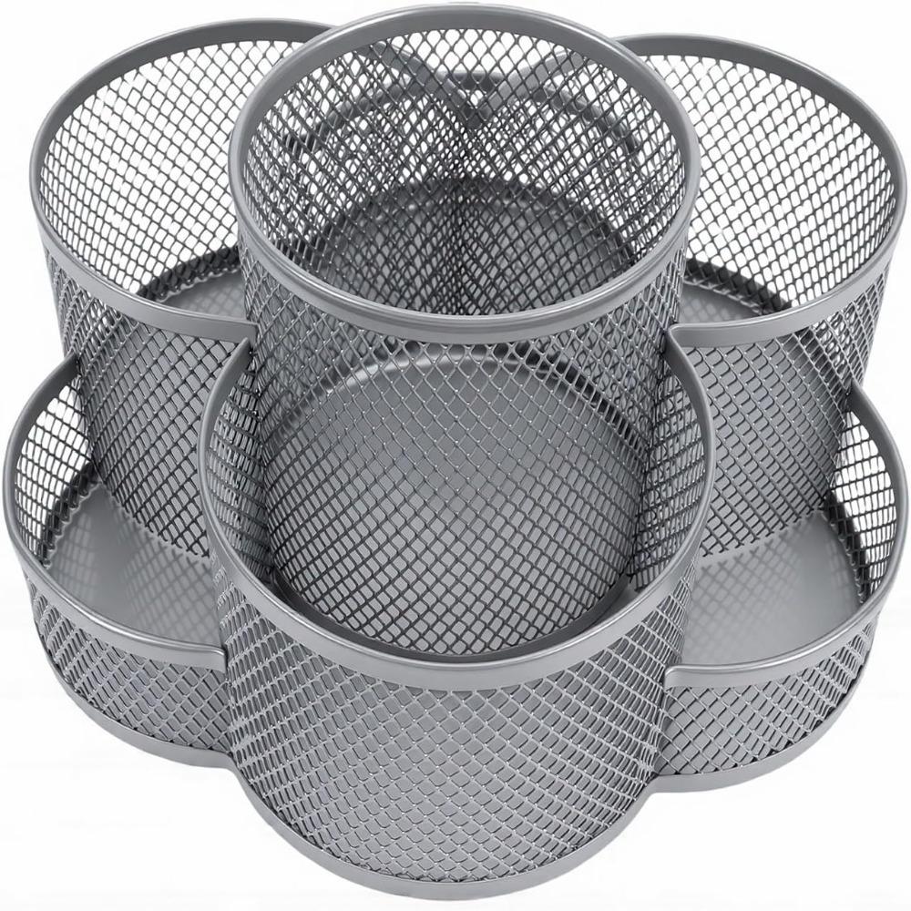 Silver Metal Makeup Brush Holder Multi Grid Desk Storage Bucket Craft Supplies Storage