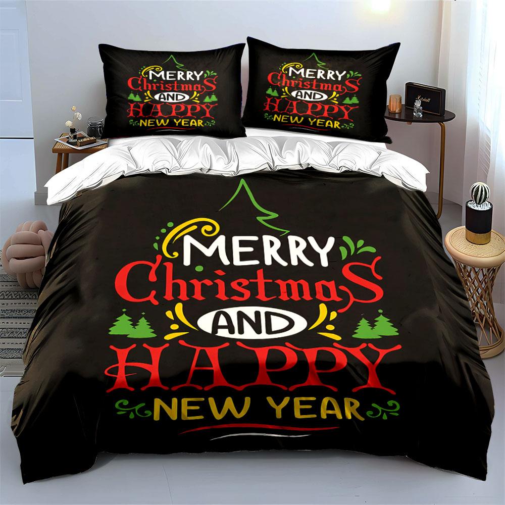 Merry Christmas Happy New Year Bedding Duvet Cover Set Duvet Cover Pillowcases (1*Duvet Cover 2*Pillowcases, without duvet insert)