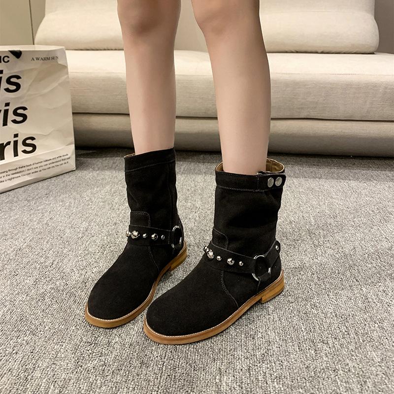 Fashion New Women Suede Leather Ankle Boots Square Low Heels Pointed Toe Western Cowboy Boots Woman Autumn Winter Buckle Short Booties