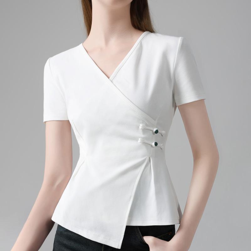 Футболка с короткими рукавами женская летняя новая женская хлопковая футболка с крестообразным V-образным вырезом на пуговицах с неровным подолом и талией
