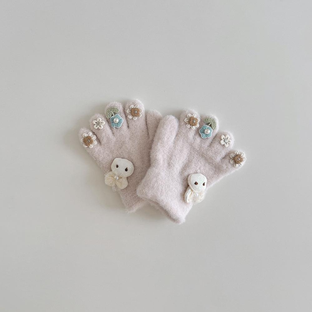 Winter Baby Girl Gloves Cute Bunny Flower Five Finger Separate Gloves for Toddlers Warm Anti-Cold Mittens for Infant