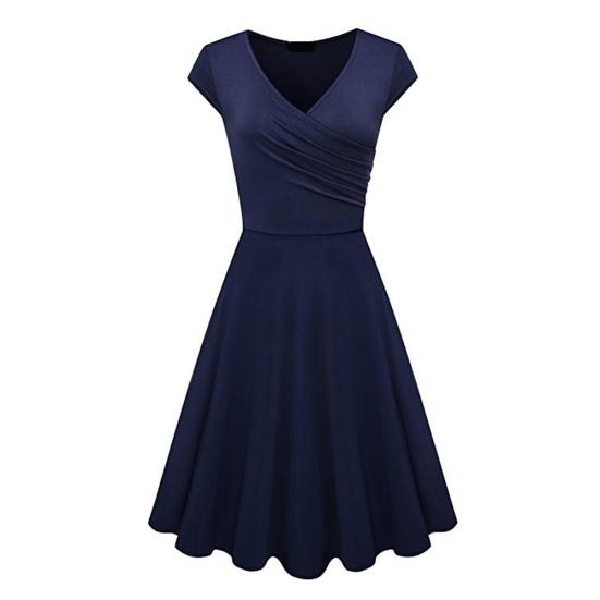 Fashion Women Solid Color V Neck Short Sleeve Plated Swing Party Banquet Dress