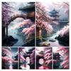 Japanese Cherry Blossoms Diamond Painting New Arrivals Waterfall Temple Landscape Full Rhinestone Embroidery Mosaic Cross Stitch Kits AA4518