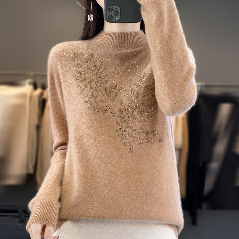 Осень/Зима Женский Полуводолазный Свитер Свободный Пуловер Со Стразами Трикотаж Мягкий Трикотажный Топ