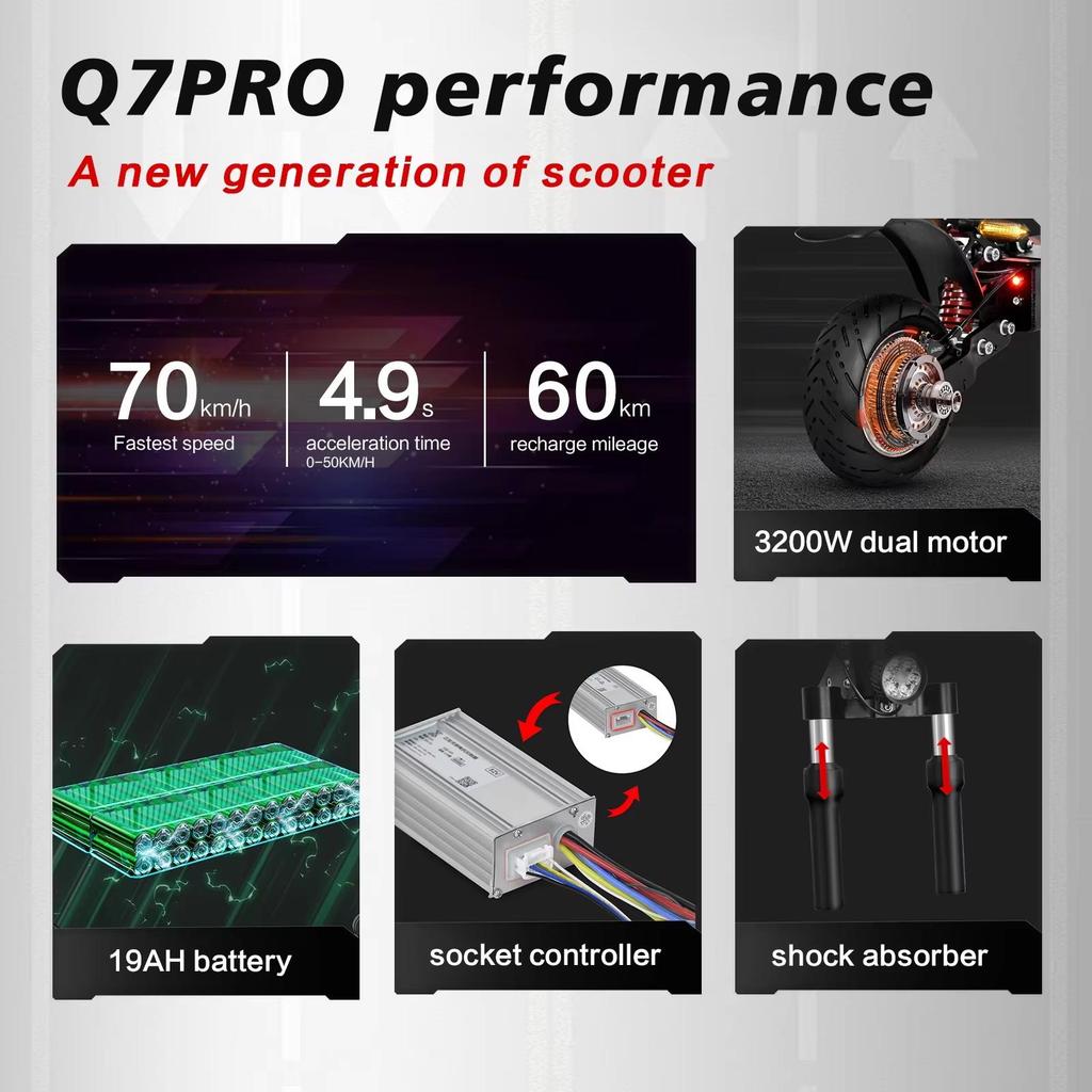 BOYUEDA Q7Pro Escooter 3200W Dual Motor 52V19AH Battery Dual Drive 10-дюймовый взрослый электросамокат с бесшумными шинами, складной электросамокат