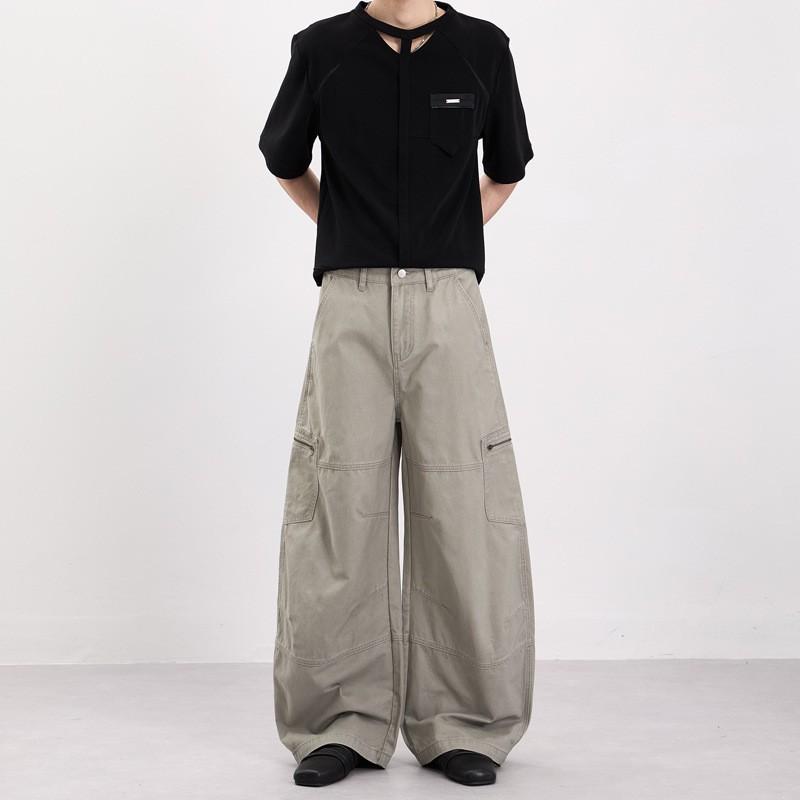 Mens Baggy Cargo Pants With Side Zip Pockets Washed Cotton Loose Fit Streetwear Trousers Teens Adults