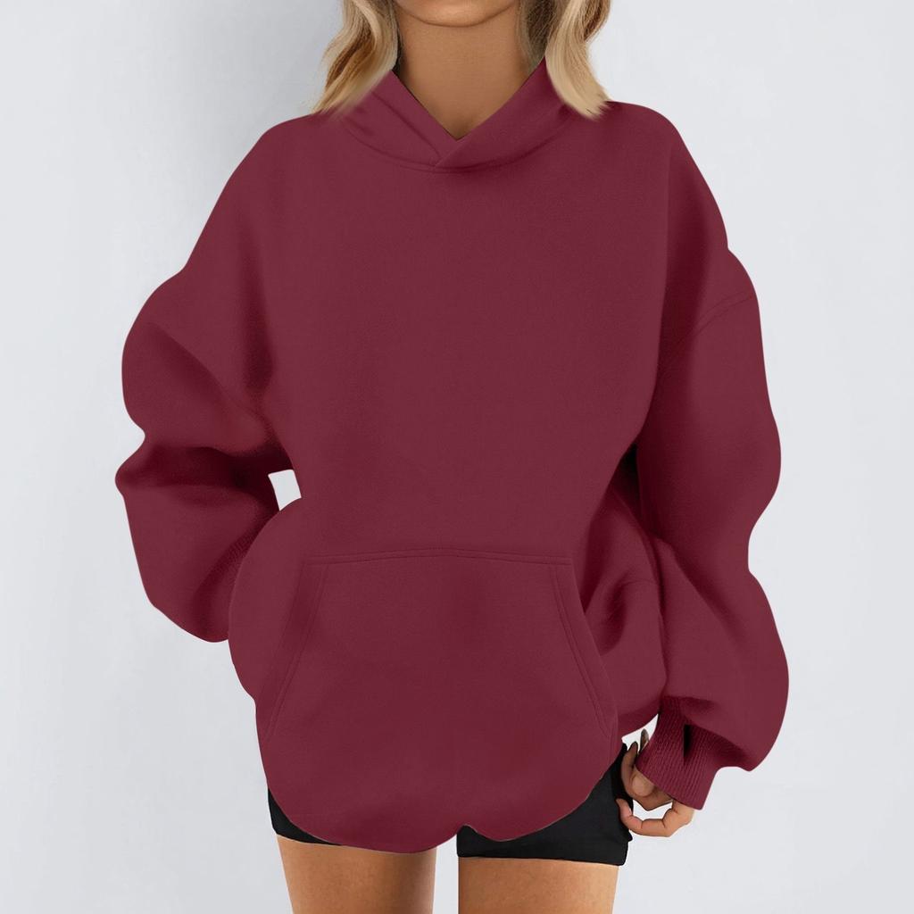 Women's Fashion Casual Long Sleeve Solid Color Hooded Sweatshirt Tops