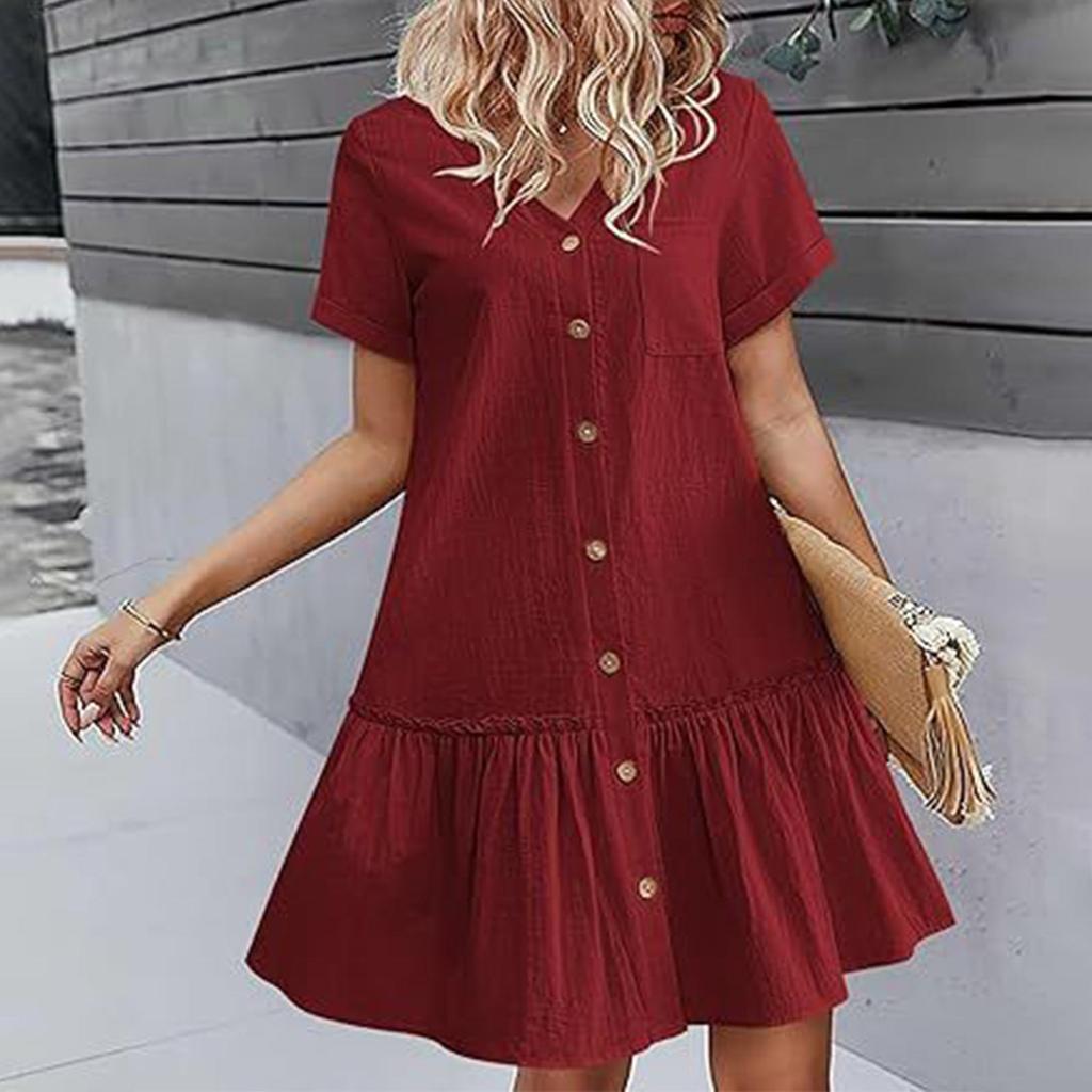 Женское повседневное однотонное свободное платье с v-образным вырезом и пуговицами с короткими рукавами и рюшами по подолу
