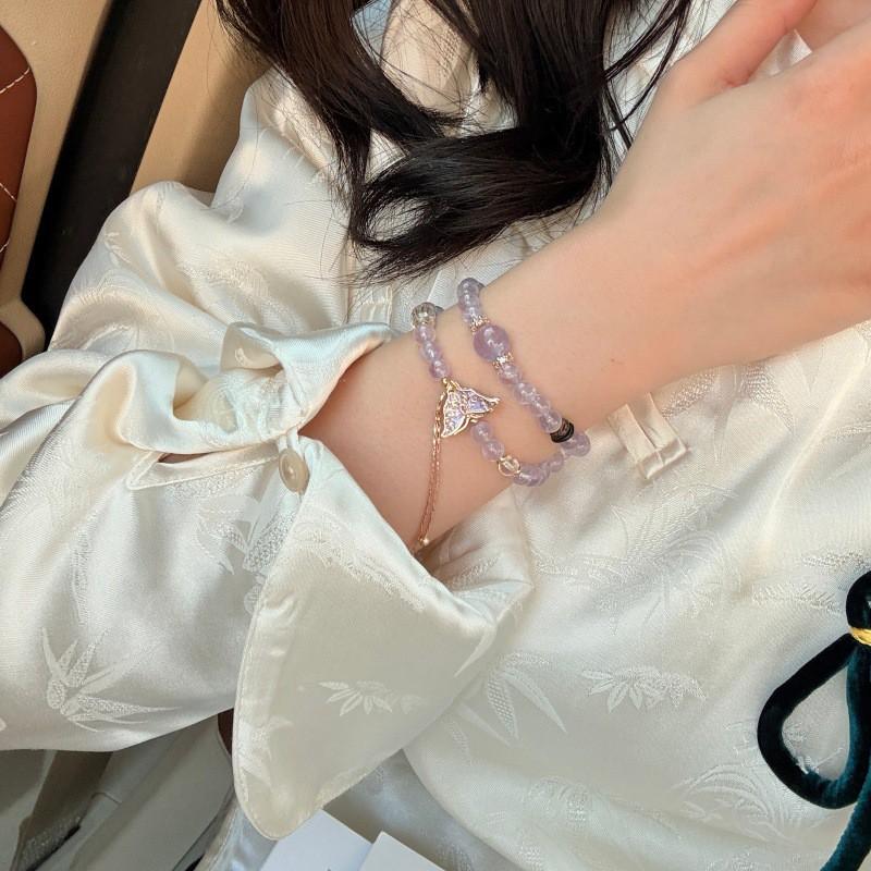 Lavender Amethyst Double Strand Bracelet Women Handmade Crystal Jewelry With Butterfly Charm Fairy Style