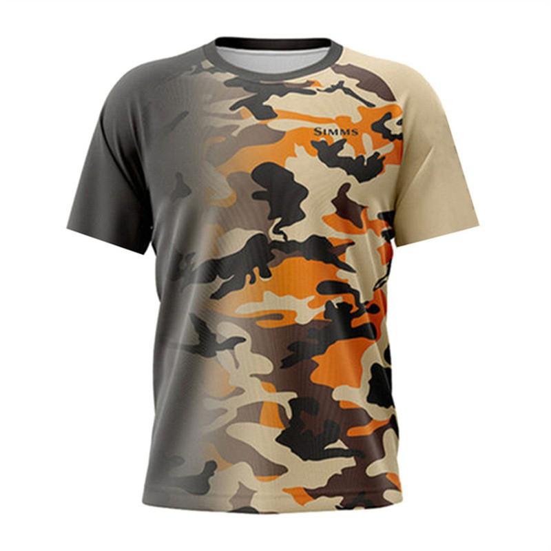 SIMMS Camo Fishing Shirt Short Sleeve Sun Protection Quick Dry Outdoor Angling Top Men