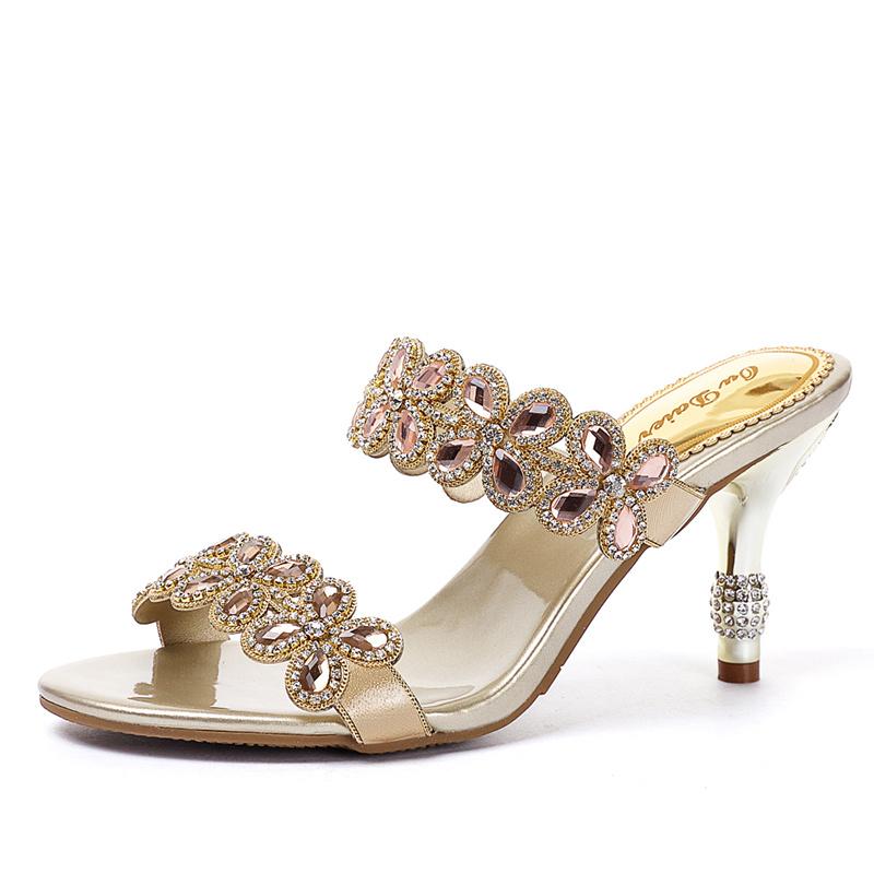 Fashion Sandals Women's Rhinestone Slippers Wedding Banquet New Medium Heel Crystal Diamond Sexy Sandals High Heels