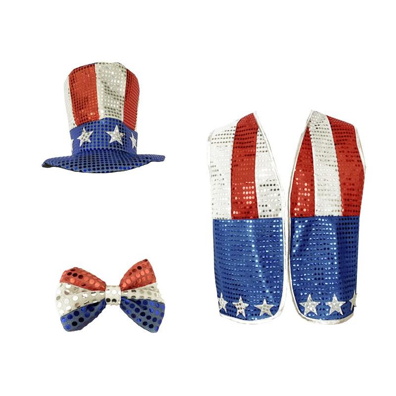 Patriotic USA Independence Day Costume Set Men - 3 Piece Outfit With Hat Bow Tie Party Cosplay
