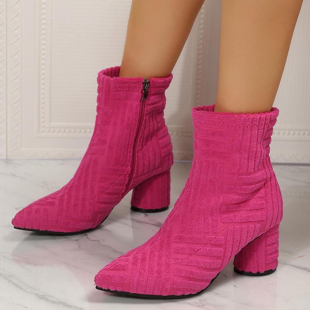 Fashion Large High Heel New Solid Side Zipper Pointed Women's Short Boots