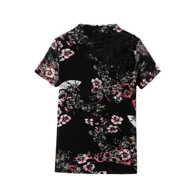 Кружевная футболка с полуводолазкой для женщин на весну и лето, новый топ с принтом, замедляющий старение, сетчатая рубашка, модная маленькая рубашка