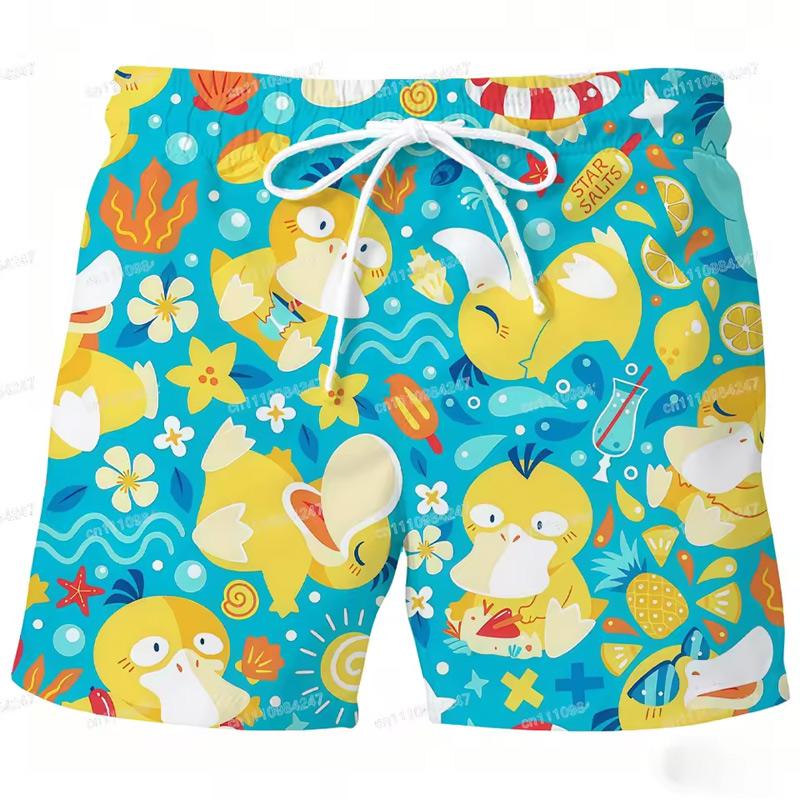 Летние пляжные шорты Psyduck 2026 Pokemon Мультяшные Быстросохнущие Board Shorts Милый принт с уткой Повседневные праздничные брюки для мужчин женщин Спорт