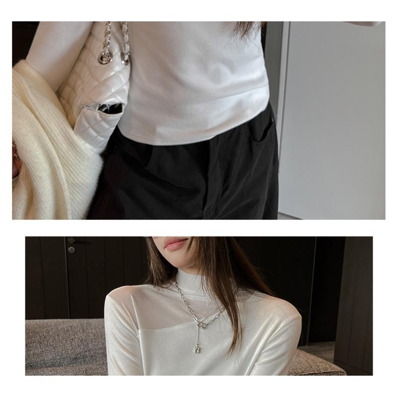 Women S Long Sleeve Slim Fit Mesh Patchwork Basic Top For Autumn Winter