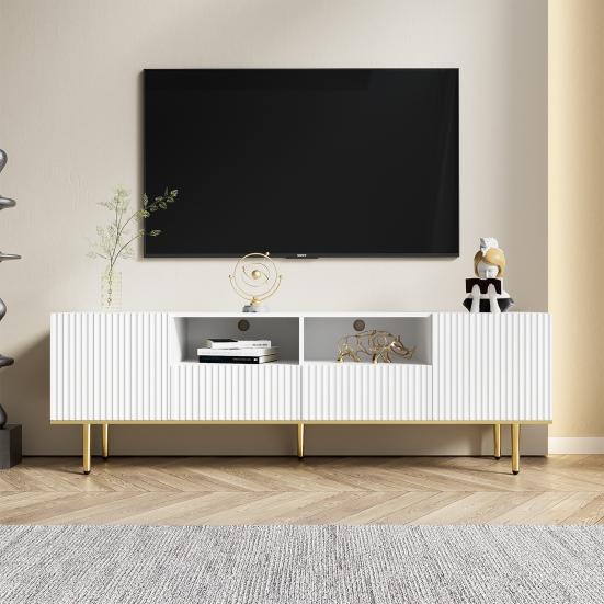 TV Furniture Cabinet Spacious Countertop with 2 Doors Compartments Drawers Golden Entertainment Center Feet Mid Century Modern Stand Living