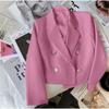 Women Office Spring and Autumn Long Sleeve Cropped Blazer Lapel Solid Color   Double Breasted Jacket Suit Coat