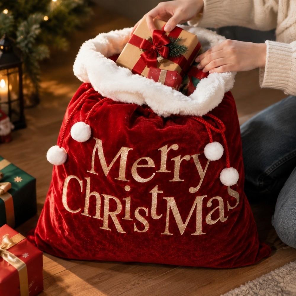 50x70cm Large Size Christmas Gift Sack Golden Accents Velvet Drawstring Bag Christmas Party Favors