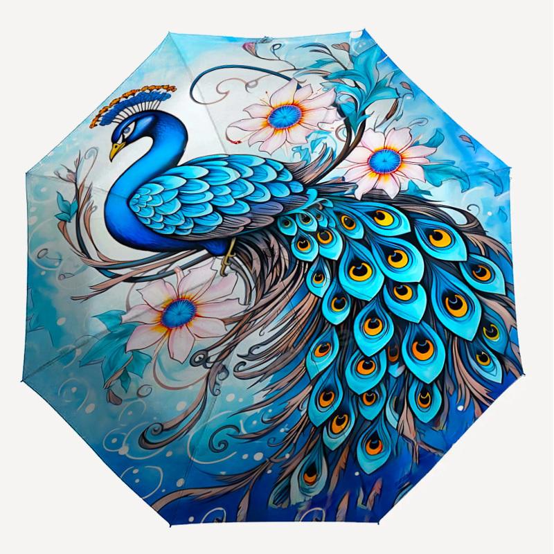 1PC Peacock Flowers Automatic Open/Close Umbrella Compact Folding Umbrella with 8-Rib Shaft lightweight esign, Highquality Fabric1215A