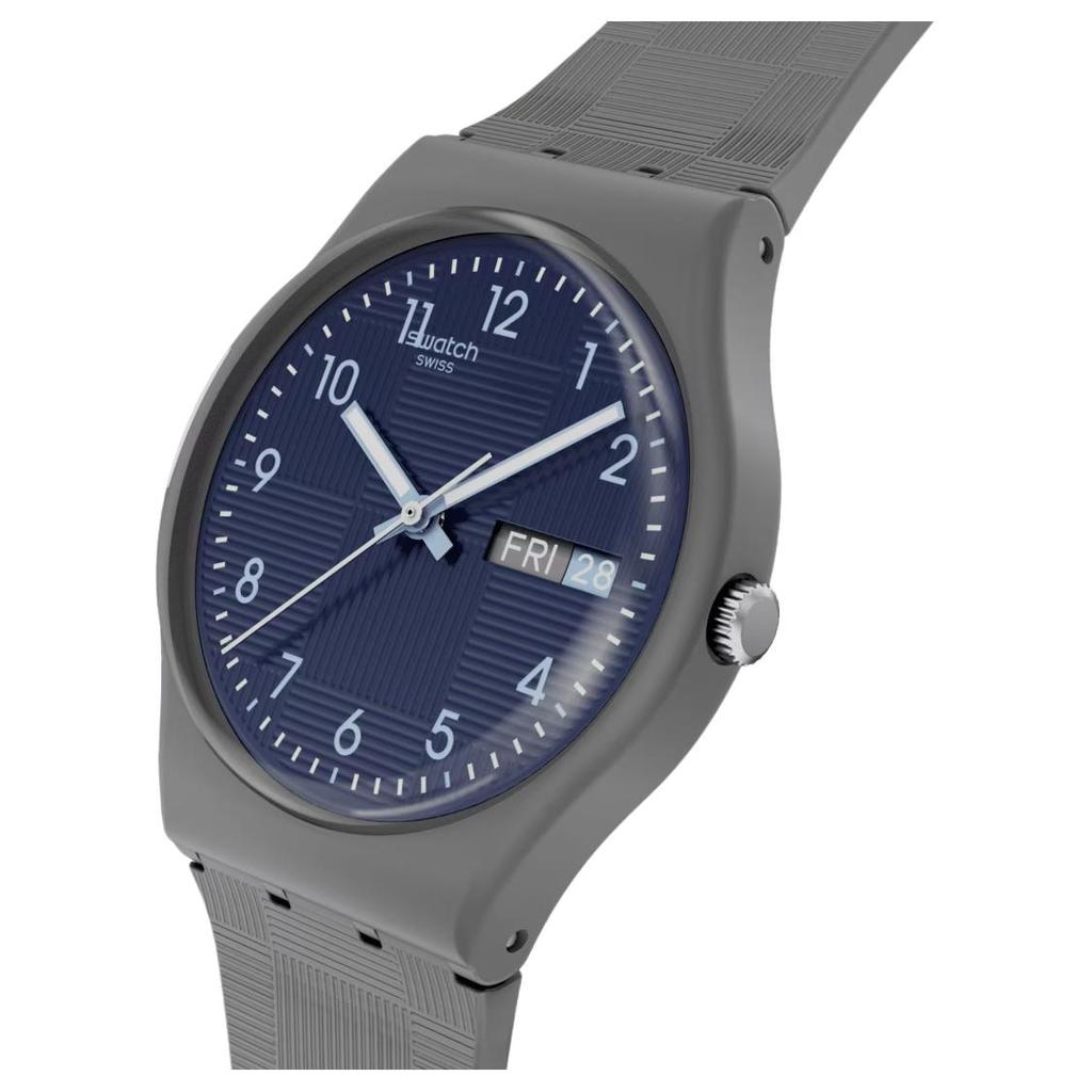 Swatch Серия Essentials Кварцевый механизм Водонепроницаемость 30 метров Повседневные модные часы 34 мм Синий циферблат Корпус из биоисточника Силиконовый ремешок SO28M701