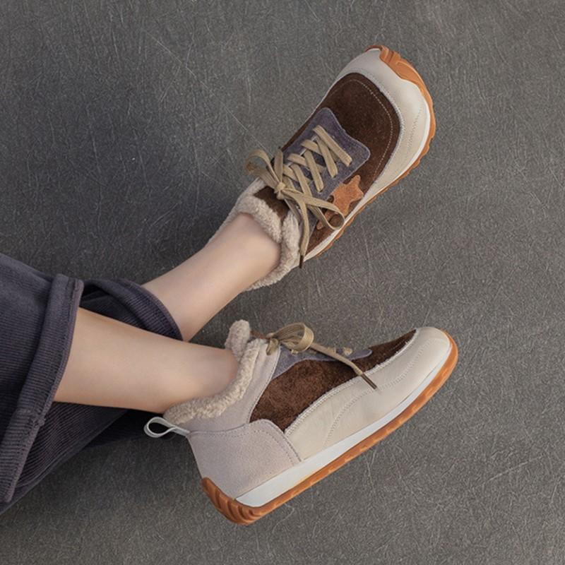 Johnature Warm Plush Cotton Shoes Versatile Lightweight Round Toe Lace-up Casual Women's Shoes