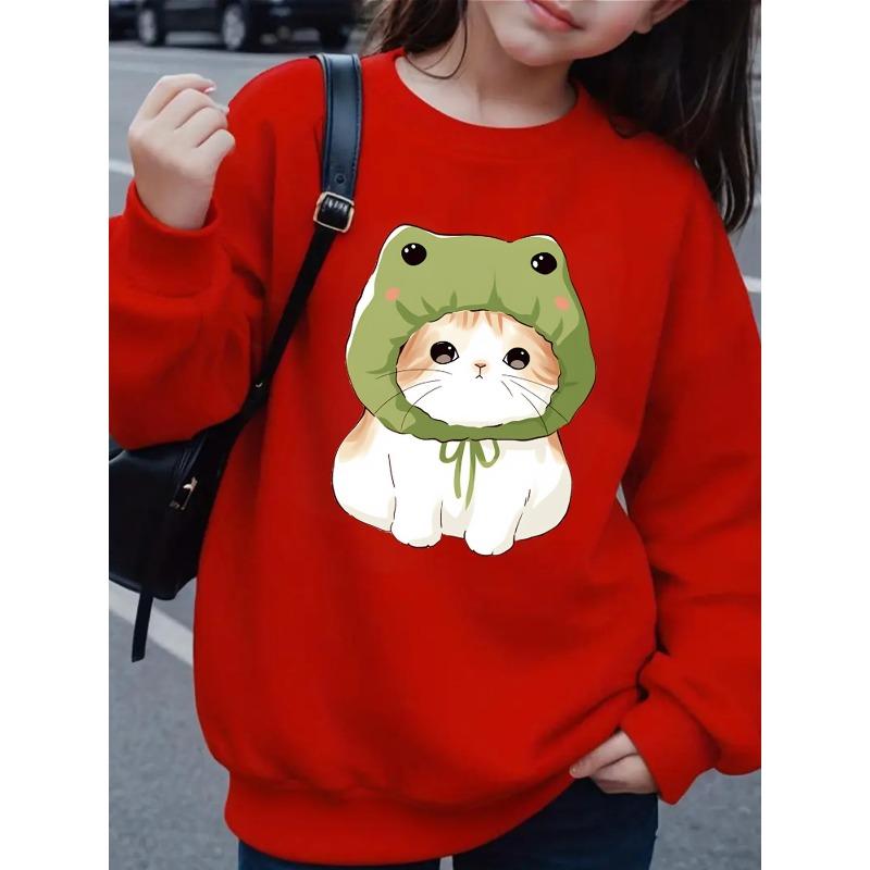 Crewneck Sweatshirt for Girls Featuring an Adorable Cat in a Frog Hat, Suitable for Machine Washing