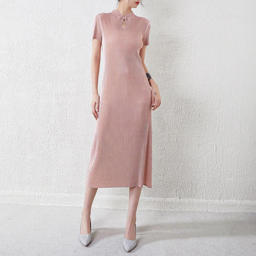 Новое платье ципао в китайском стиле: Женское плиссированное летнее А-силуэта, в французском стиле, приталенное длинное платье