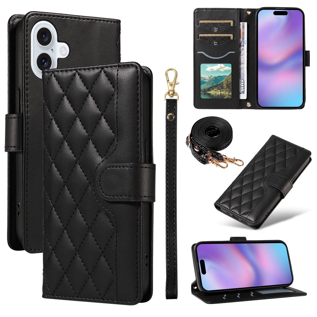 For iPhone 17 Wallet Case Rhombus Leather Phone Cover with Strap