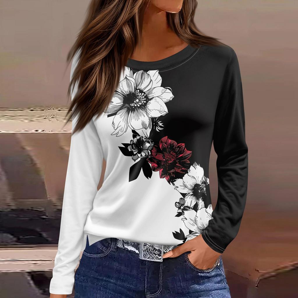 Женская модная повседневная свободная футболка с принтом и круглым вырезом с разрезом и длинным рукавом, женский топ