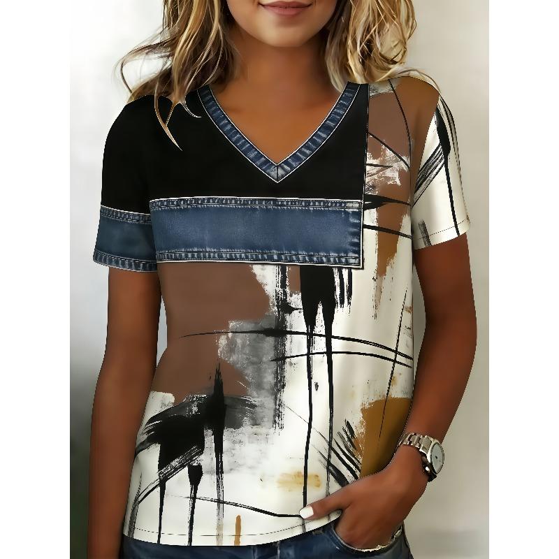 Women's T-shirt Retro T-shirt Summer Clothing Denim 3D Printed Top Large V-neck Street Casual Sports Loose Tops