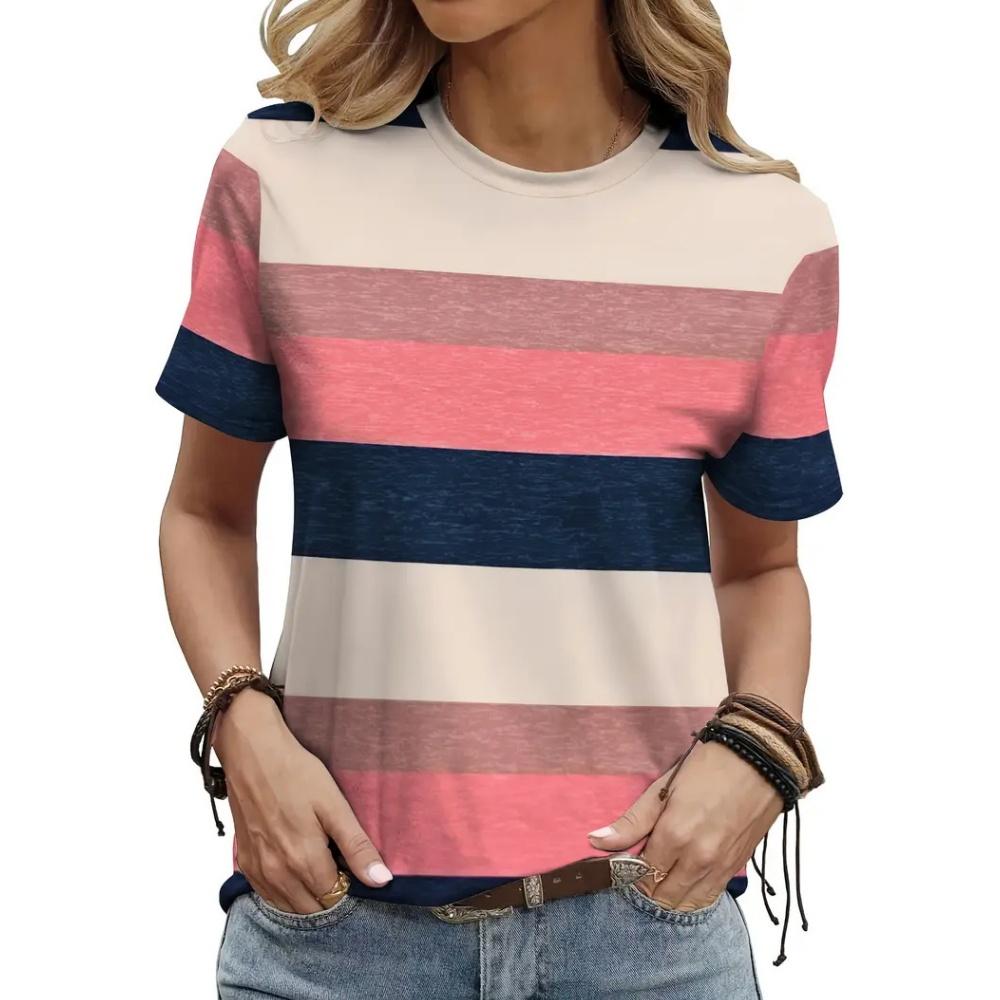 Fashion Women's T-Shirt Stripe Splicing Woman T-Shirt Summer Round Neck Short Sleeve Tops Loose Casual Loose Oversize Clothing