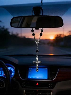 Черный Крест Розария Подвеска на Зеркало Заднего Вида Автомобиля, Изысканное Украшение из Бусин, Декор Салона Автомобиля