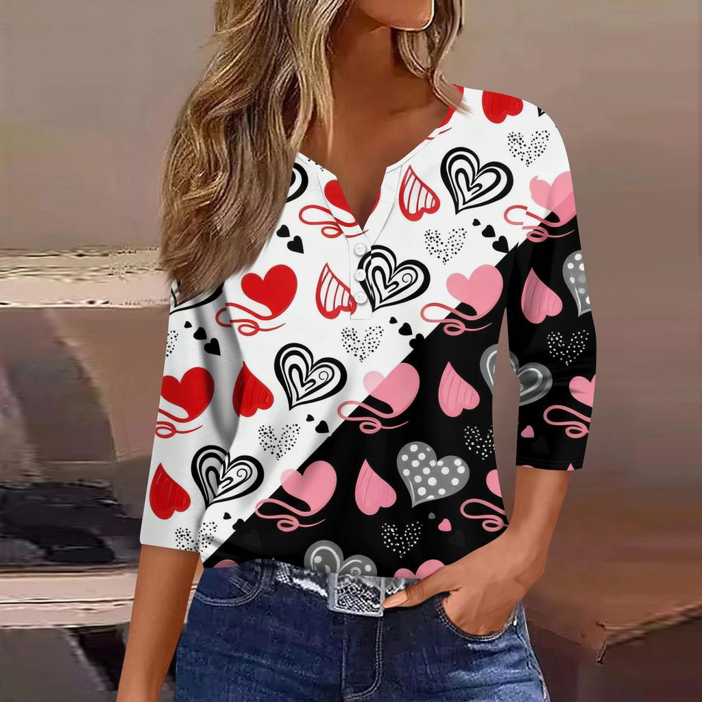Женская модная рубашка на пуговицах с V-образным вырезом, рукавом три четверти, с принтом ко Дню святого Валентина