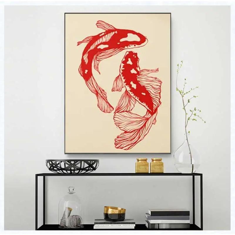 Unframed Vintage Red Koi Fish Posters Canvas Painting Retro 2pcs Aesthetic Wall Art for Home Living Room Office Decor