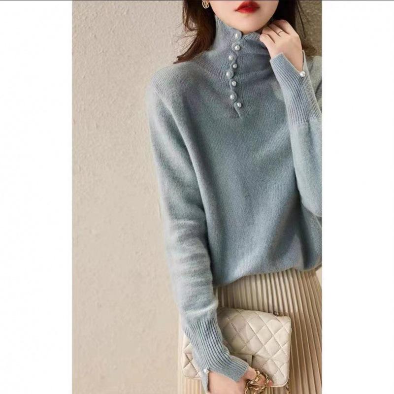 Свитер женский, осень-зима 2024, новый корейский дизайн, топ на пуговицах, теплый, высокий воротник, удобный свитер в западном стиле для женщин