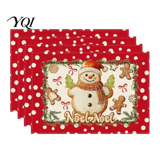 Linen Placemat Set 4Pcs Christmas Set, Cartoon Snowman Gingerbread Gnome Table Heat Insulation Pads Mat, Resistant Place Mat for Holiday Party