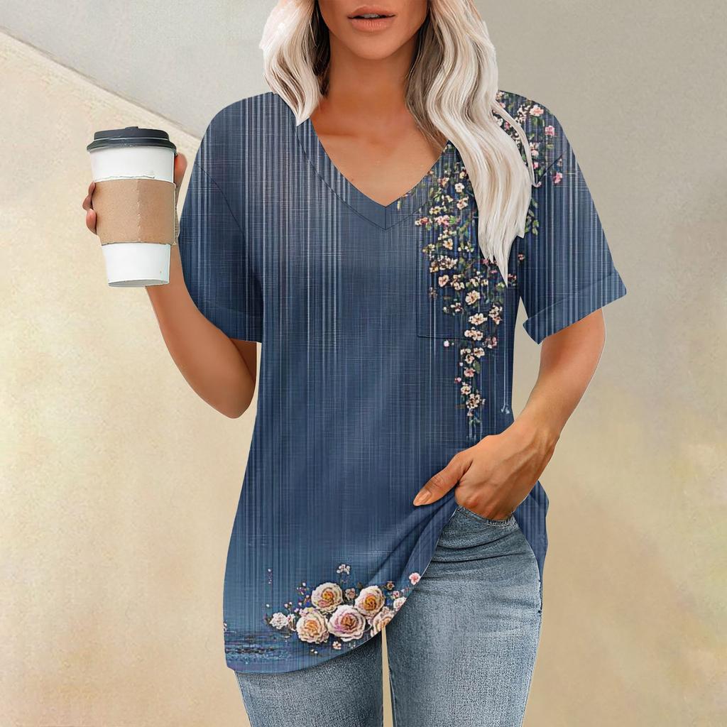Women's Fashion Pocket V-neck Short Sleeve Plant Floral Print T-shirt Top
