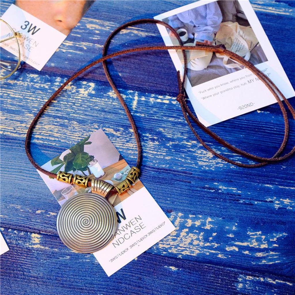 H&B Store Vintage Women's Ethnic Faux Leather Spiral Disc Round Pendant Sweater Necklace